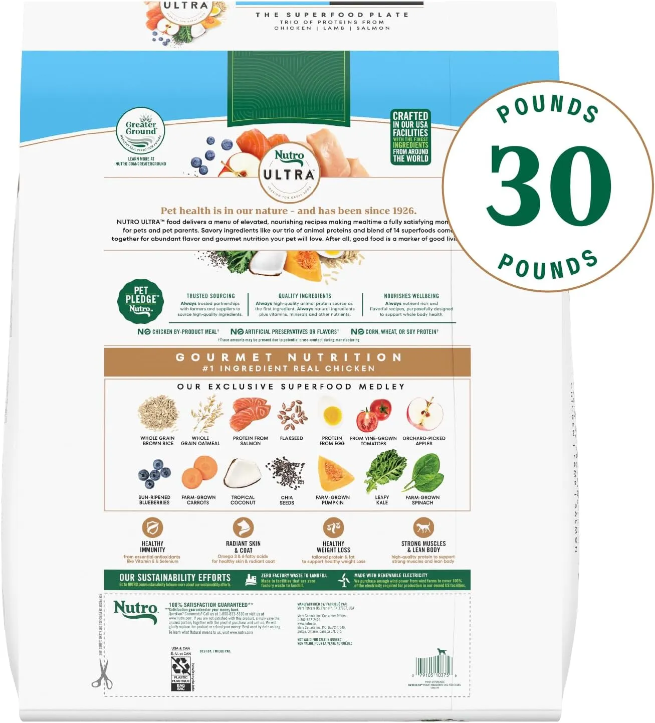 Nutro Ultra Adult Weight Management Dry Dog Food, Chicken, Lamb and Salmon Protein Trio, 30 lb. Bag