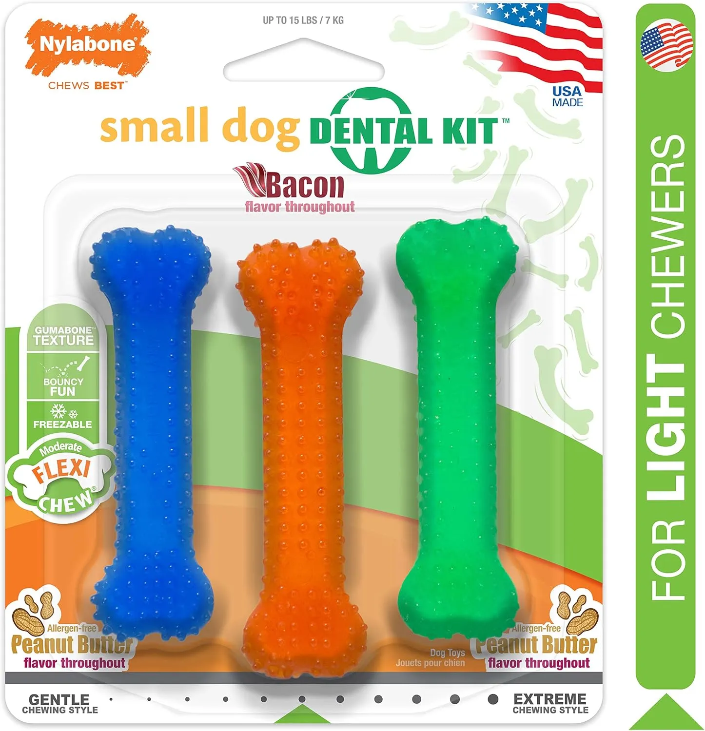Nylabone Original Bone Flexi Chew toy for Dogs, Dog Toys for Moderate Chewers, Bacon & Peanut Butter, X-Small - Up to 15 lbs, 3 Pack