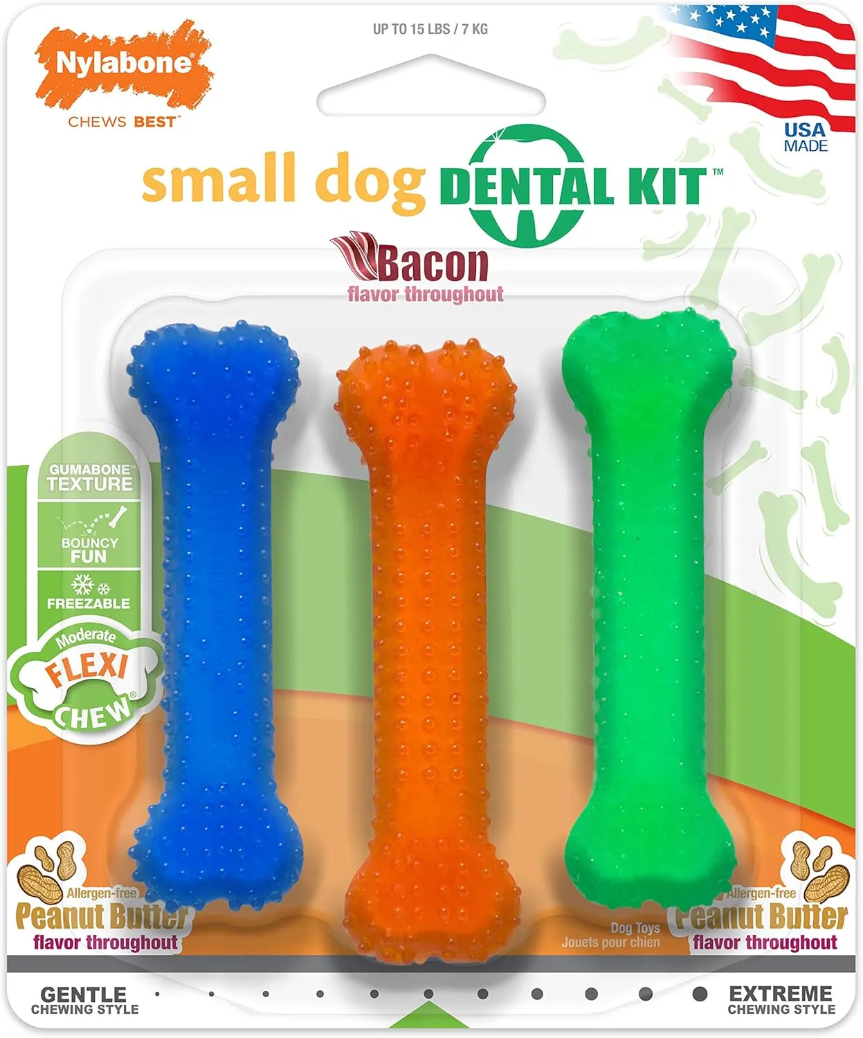 Nylabone Original Bone Flexi Chew toy for Dogs, Dog Toys for Moderate Chewers, Bacon & Peanut Butter, X-Small - Up to 15 lbs, 3 Pack