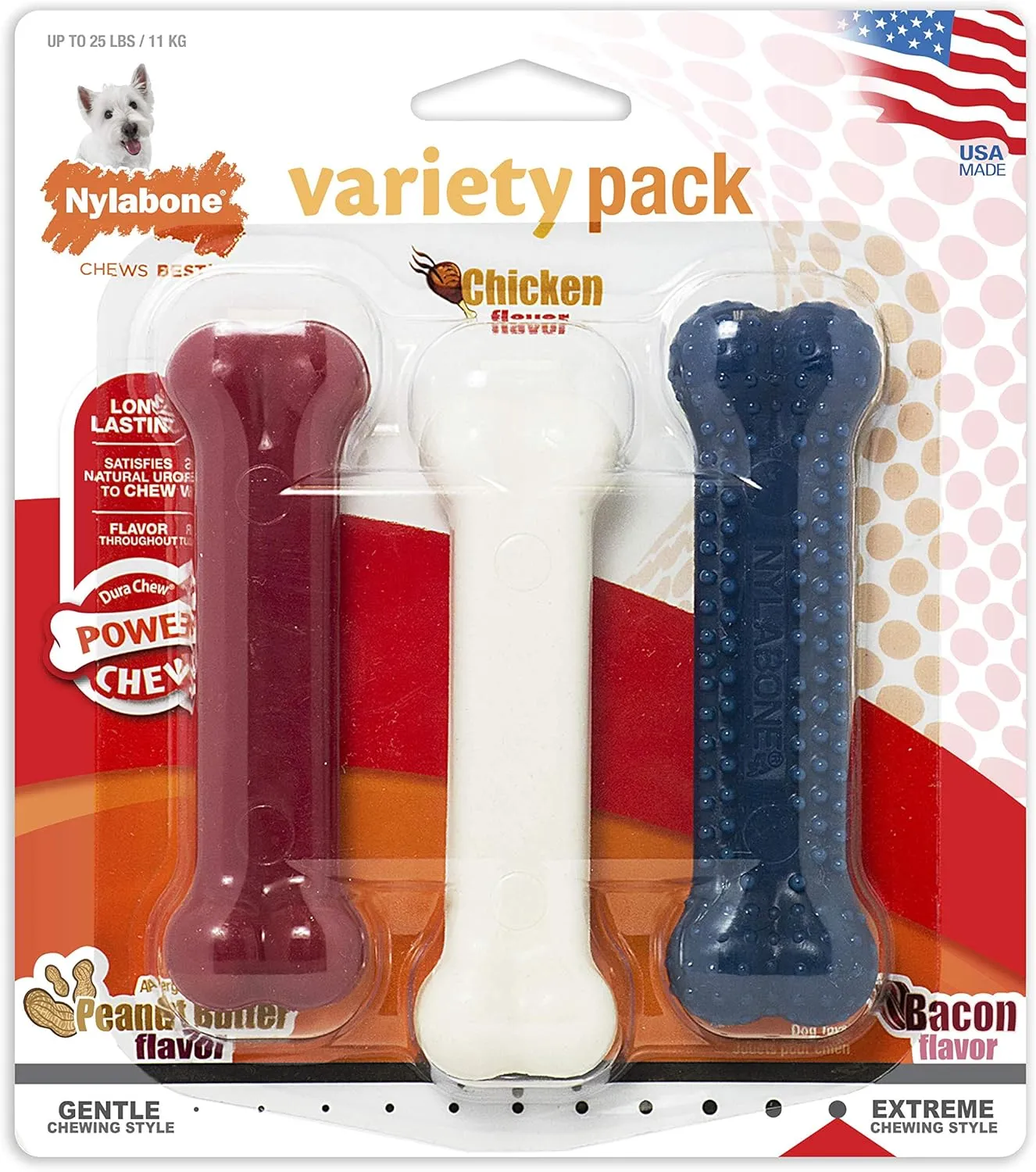 Nylabone Original Bone Power Chew Toy for Dogs, Durable Dog Toys for Aggressive Chewers, Peanut Butter Flavor, Small - Up to 25 Ibs, 3 Pack
