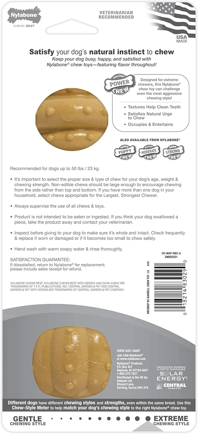 Nylabone Power Chew Barbell Bone Chew Toy for Dogs, Durable Dog Toy, Peanut Butter Flavor, Large - Up to 50 lbs. (1 Count) (Pack of 2)