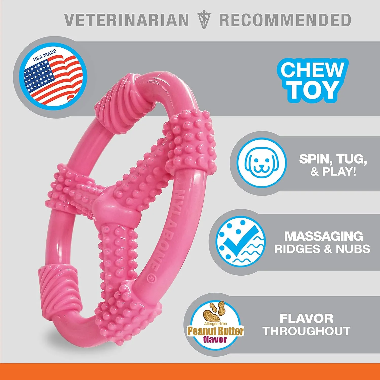 Nylabone Spin Tug & Play Puppy Chew Ring Toy, Toys for Teething Puppies, Peanut Butter Flavor, Pink, Medium - Up to 35 lbs, 1 Count