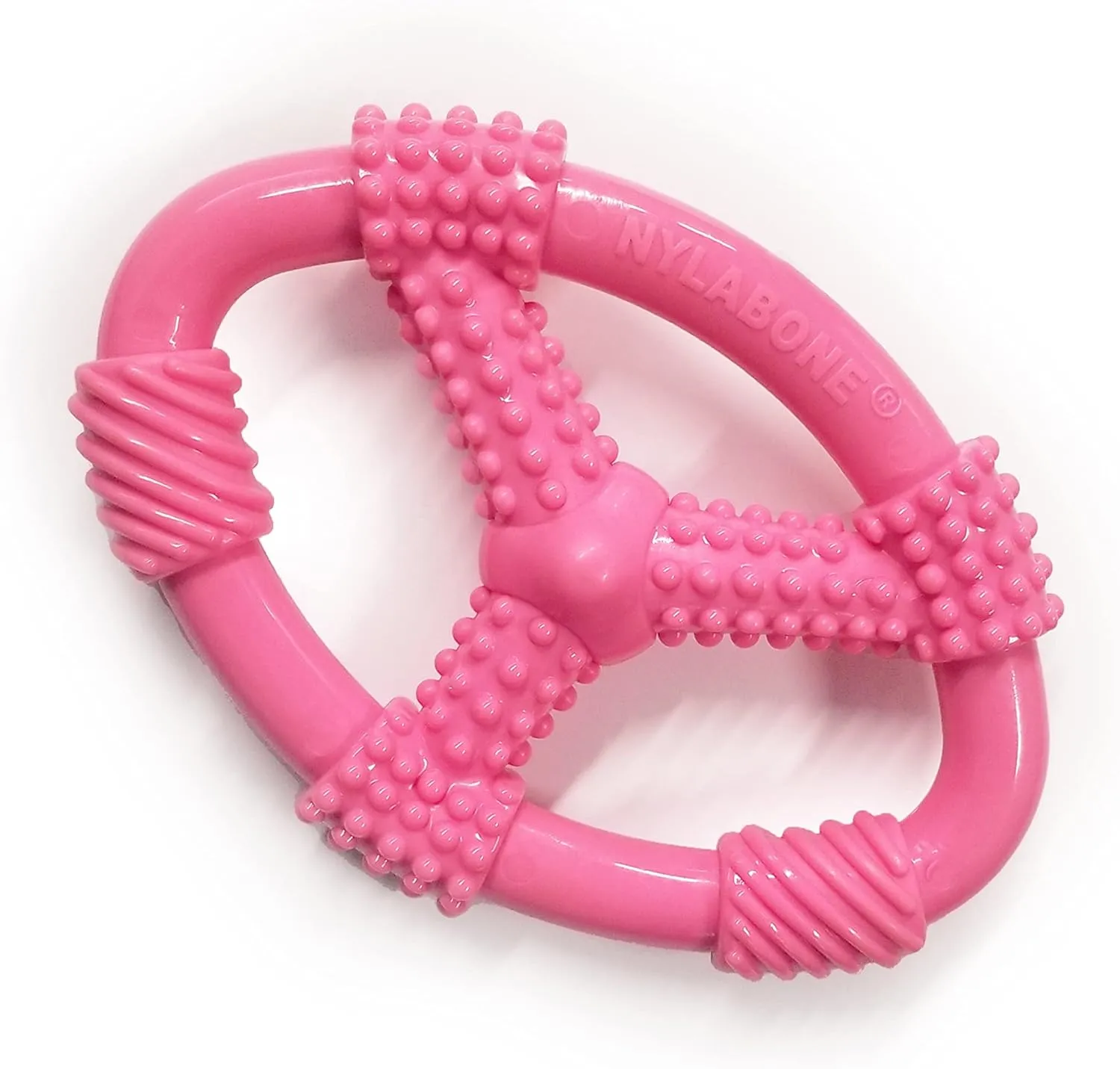 Nylabone Spin Tug & Play Puppy Chew Ring Toy, Toys for Teething Puppies, Peanut Butter Flavor, Pink, Medium - Up to 35 lbs, 1 Count