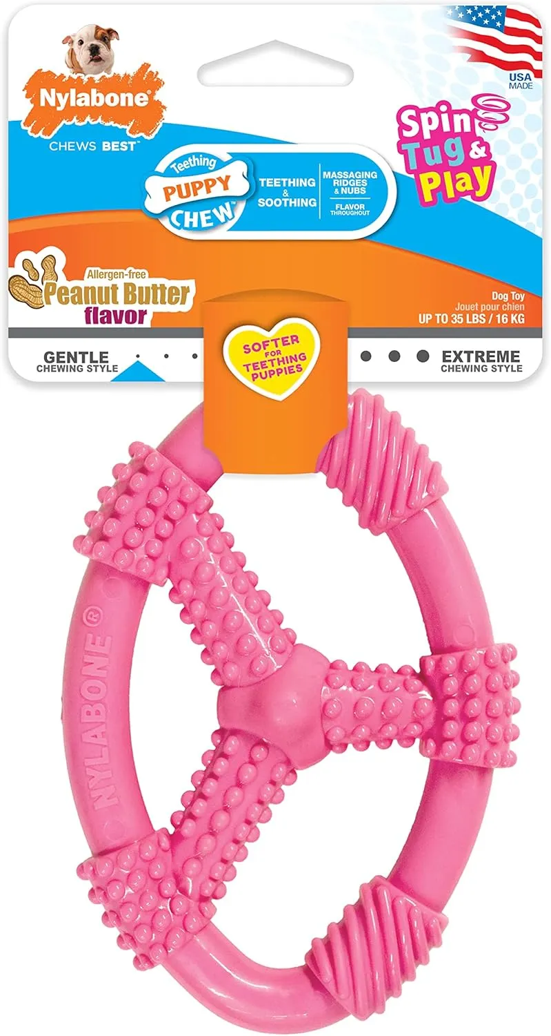 Nylabone Spin Tug & Play Puppy Chew Ring Toy, Toys for Teething Puppies, Peanut Butter Flavor, Pink, Medium - Up to 35 lbs, 1 Count