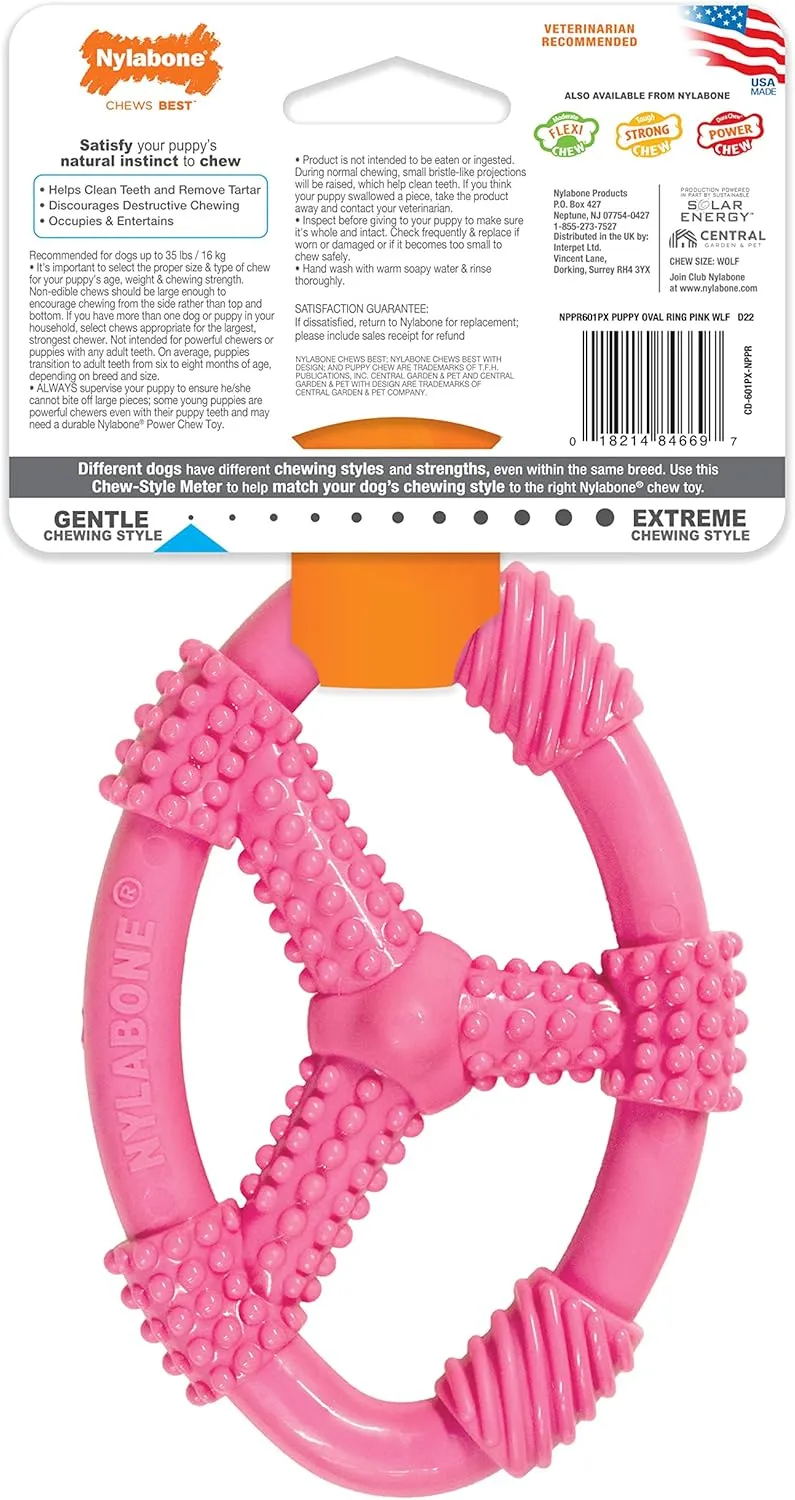 Nylabone Spin Tug & Play Puppy Chew Ring Toy, Toys for Teething Puppies, Peanut Butter Flavor, Pink, Medium - Up to 35 lbs, 1 Count