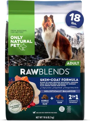 Only Natural Pet Raw Blends Skin & Coat Formula - Holistic Dog Food for Adult, High-Protein Ancient Grains Kibble & Freeze-Dried Raw Superfood Bites for Full Body Wellness with Omega-3-18 lbs