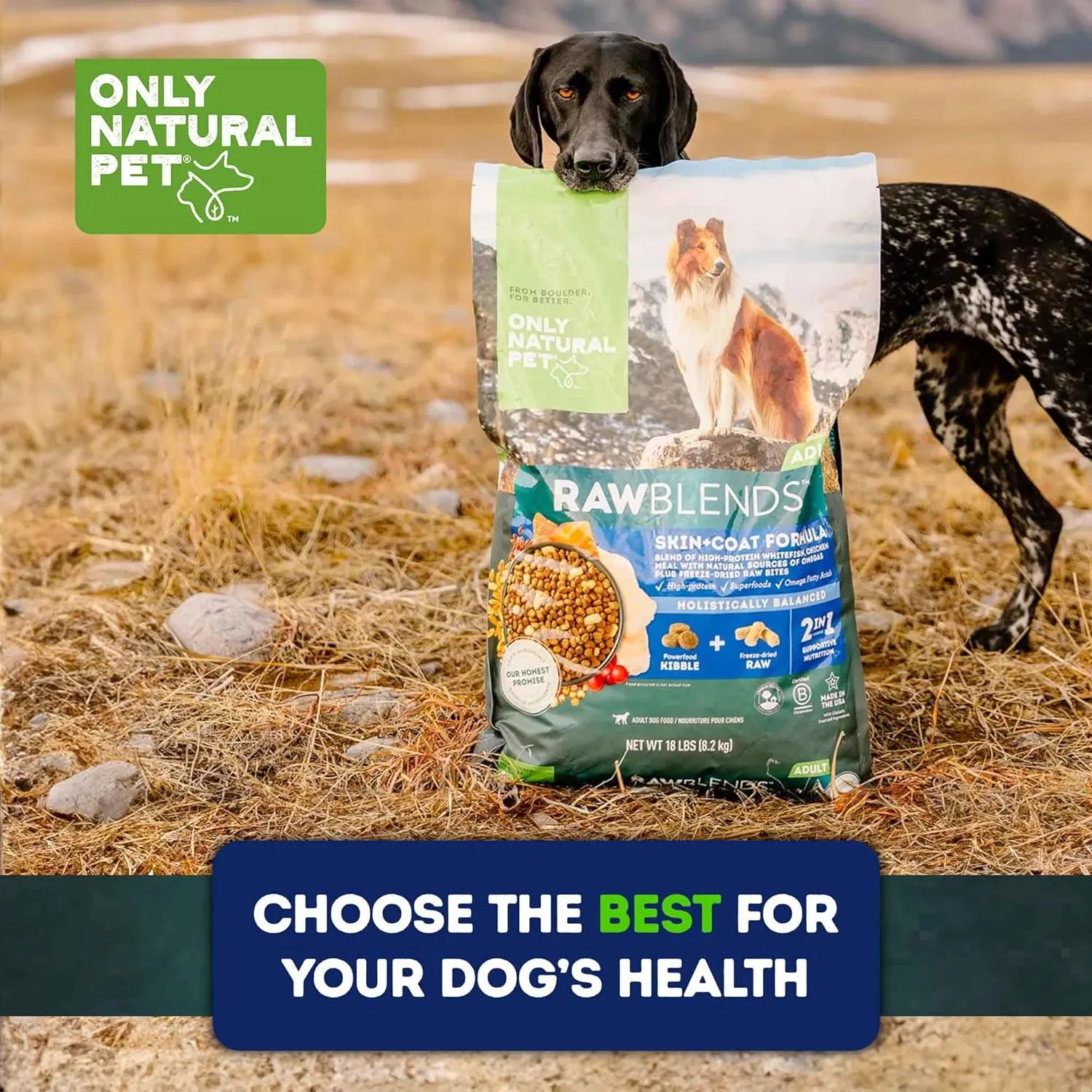 Only Natural Pet Raw Blends Skin & Coat Formula - Holistic Dog Food for Adult, High-Protein Ancient Grains Kibble & Freeze-Dried Raw Superfood Bites for Full Body Wellness with Omega-3-18 lbs
