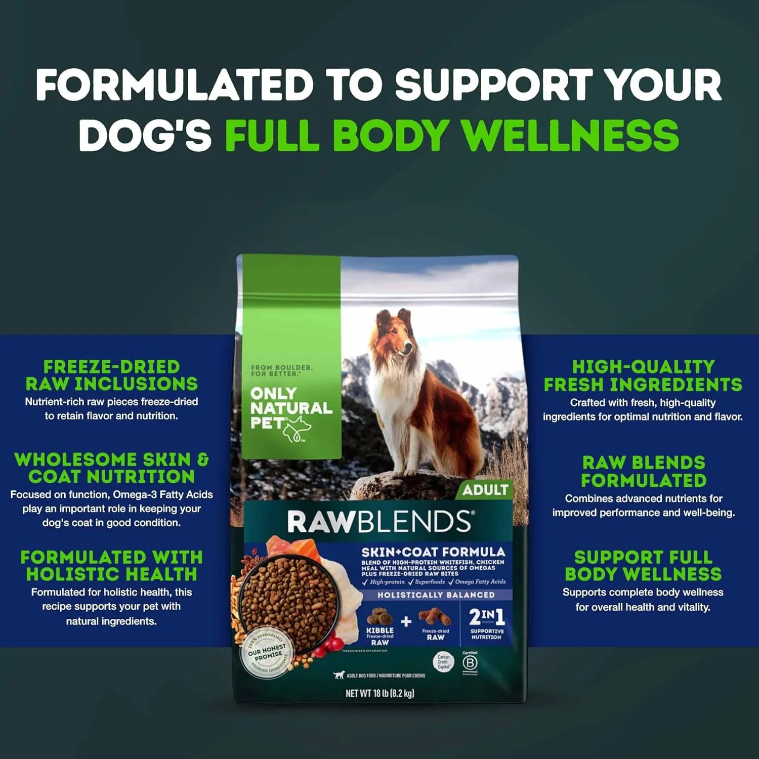 Only Natural Pet Raw Blends Skin & Coat Formula - Holistic Dog Food for Adult, High-Protein Ancient Grains Kibble & Freeze-Dried Raw Superfood Bites for Full Body Wellness with Omega-3-18 lbs