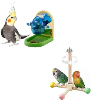 Parakeet Enrichment Toys, Interactive Foraging Toys for Parakeet & Bird Stand Perch Toy, Interactive Spinning Parakeet Toys, Wooden Exercise Wheel Parrot Toys