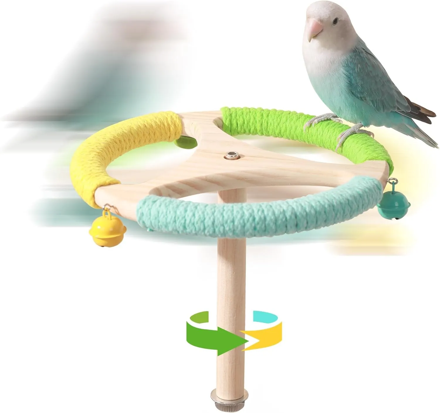 Parrot Perch Wooden Stand with 3 Bell Toys & Soft Cotton Rope - Interactive Spinning Bird Cage Accessories for Parakeets, Budgies, Lovebirds, Cockatiels, Conures, Finches