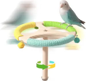 Parrot Perch Wooden Stand with 3 Bell Toys & Soft Cotton Rope - Interactive Spinning Bird Cage Accessories for Parakeets, Budgies, Lovebirds, Cockatiels, Conures, Finches