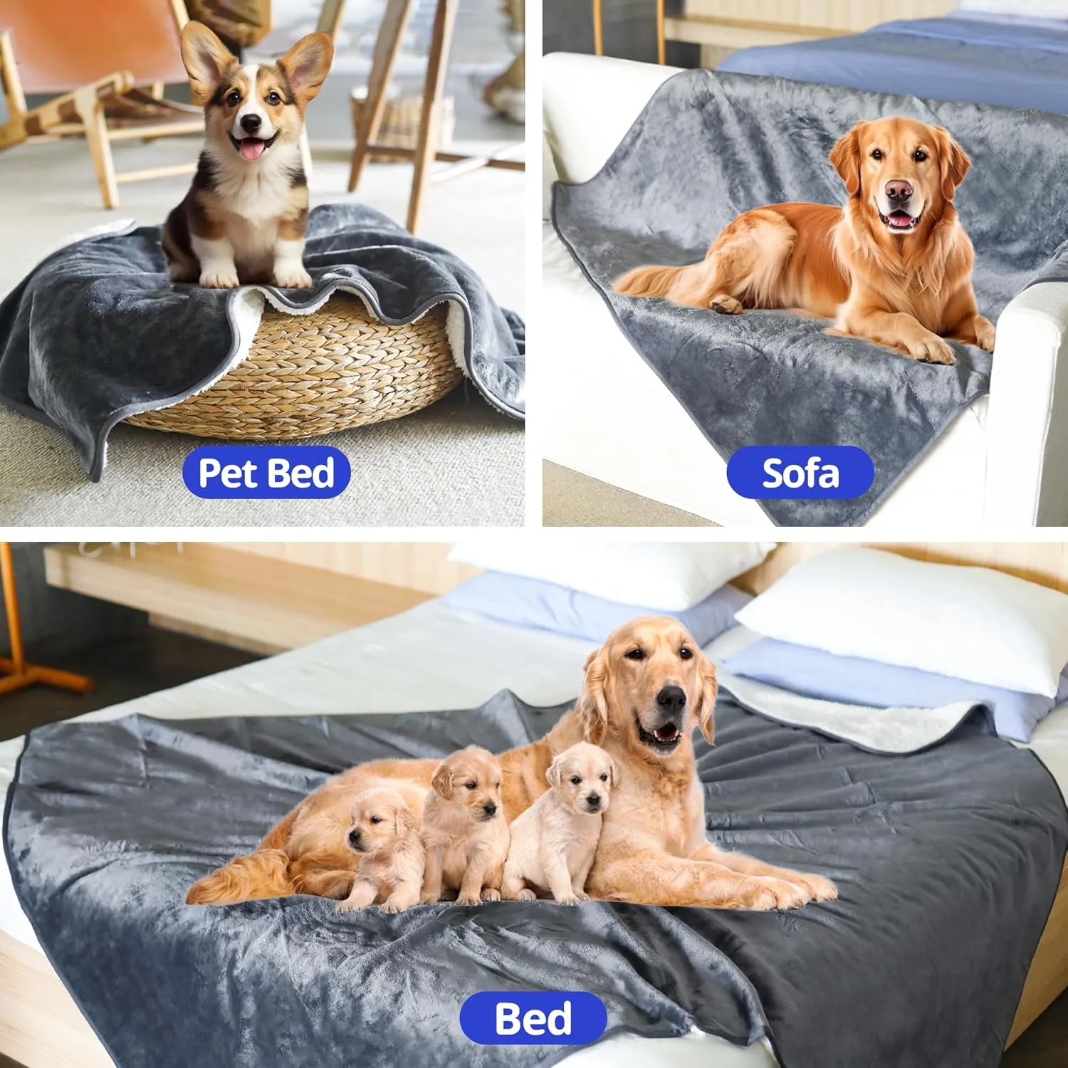 PatiencET Waterproof Dog Blanket for Small Dogs, Washable Reversible Sherpa Cat Puppy Pet Blanket, Fleece Dog Blanket for Couch Bed Furniture Cover Protector Outdoor Throw Blanket Gray30x40in