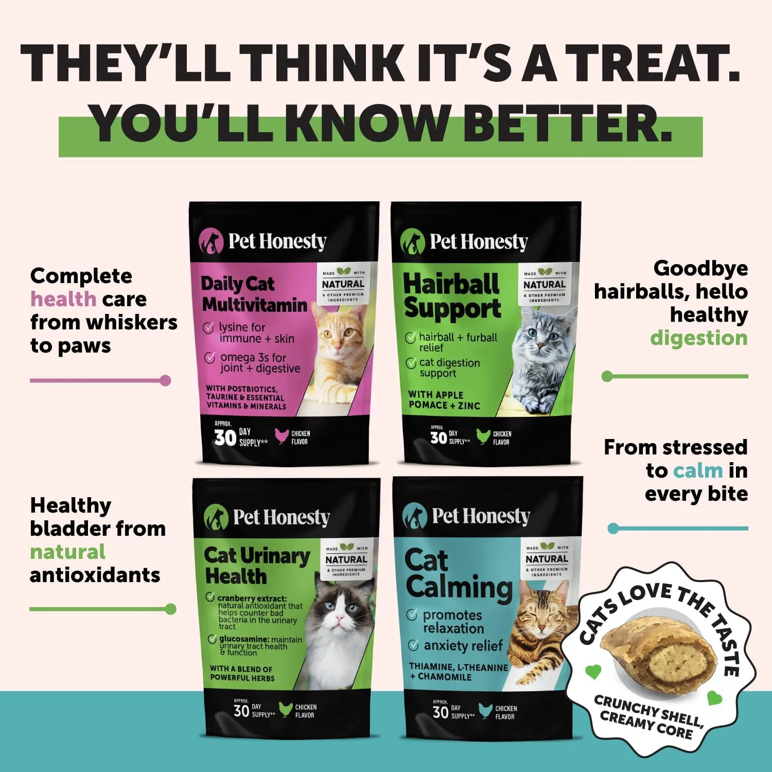 Pet Honesty Cat Multivitamin Crunchy & Creamy Chews - Cat Treats for Health   Immune, Joint Support, Skin & Coat, & Digestion - Vitamins with Omega 3s, Lysine & Probiotics (30 Day Supply)