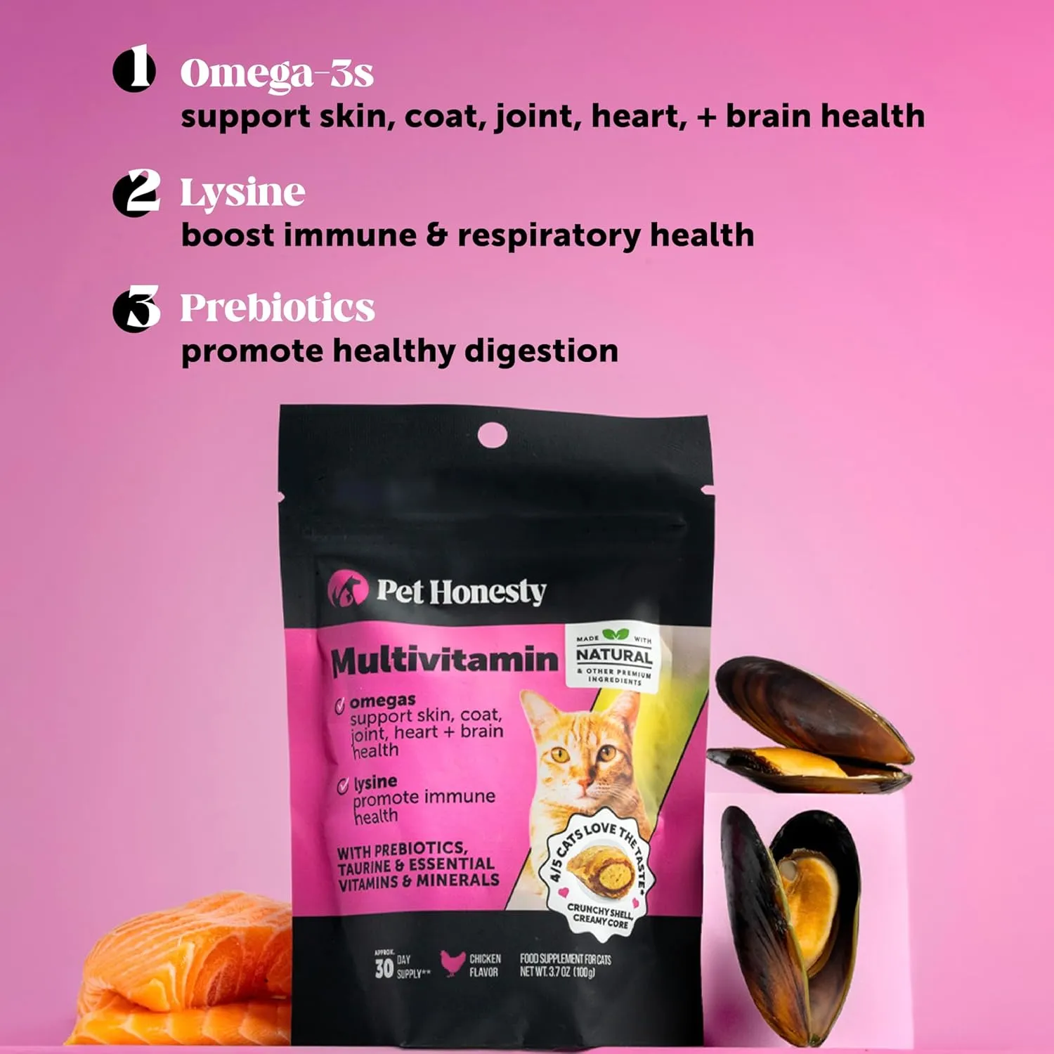 Pet Honesty Cat Multivitamin Crunchy & Creamy Chews - Cat Treats for Health   Immune, Joint Support, Skin & Coat, & Digestion - Vitamins with Omega 3s, Lysine & Probiotics (30 Day Supply)