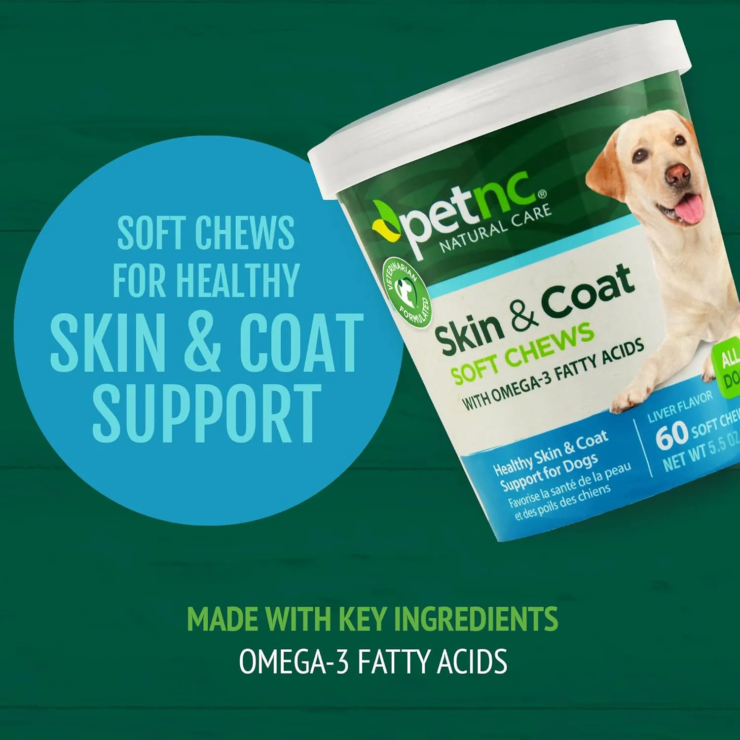 Petnc Natural Care Dog Skin and Coat Supplement (60 Chewables), With Omega 3, EPA & DHA, Promotes Healthy Skin & Glossy Coat, For Dogs 18 Weeks & Older, Liver Flavor