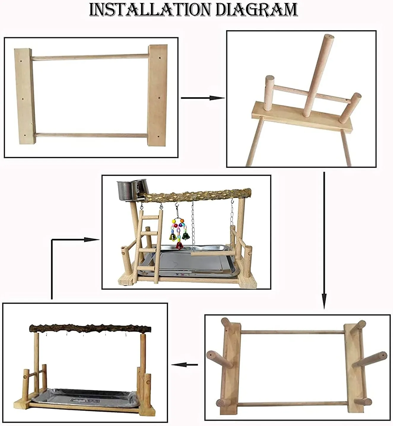 PINVNBY Bird Playground Birdcage Playstand Pet Bird Perch Platform Stand Parrot Play Gym Parakeet Cage Decor Budgie Perch Stand with Feeder Seed Cups Ladder Chew Toys for Small Animals Parrot Parakeet