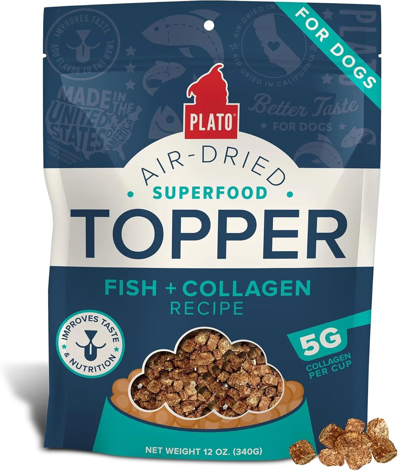 PLATO Pet Treats Dog Food Toppers - Air-Dried Dog Food Toppers for Dry Food - with Collagen to Support Skin and Coat Health - Fish and Collagen Recipe 12oz