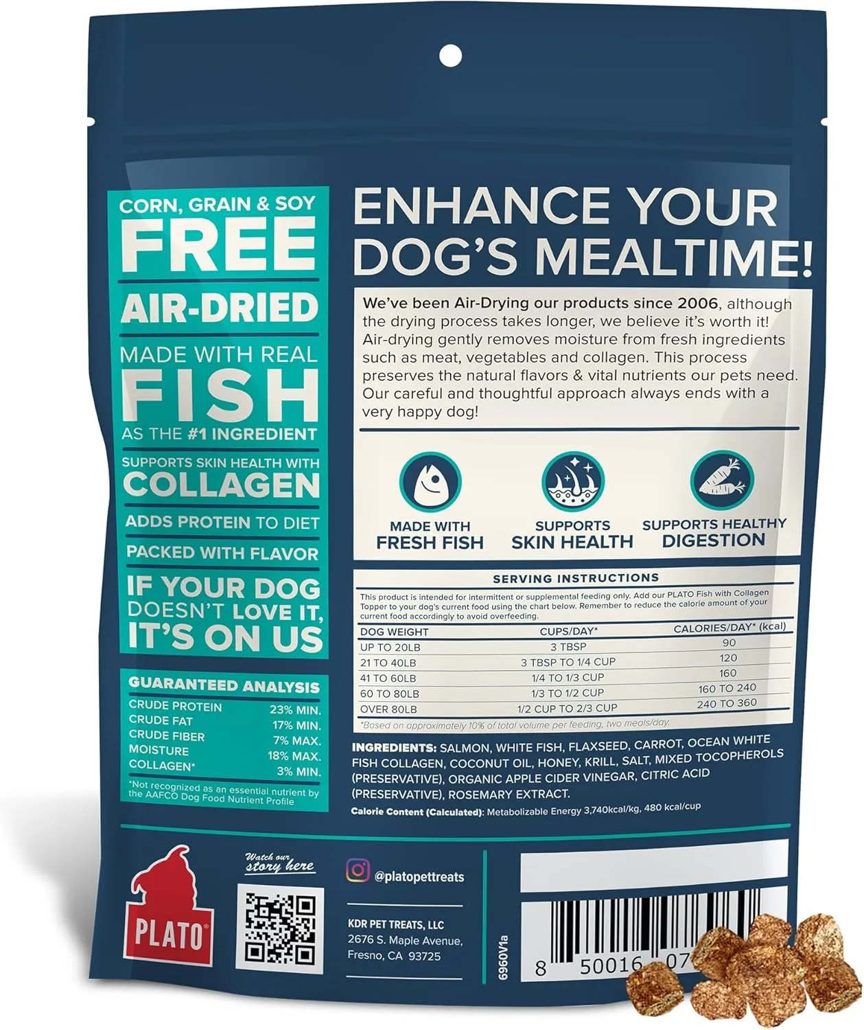 PLATO Pet Treats Dog Food Toppers - Air-Dried Dog Food Toppers for Dry Food - with Collagen to Support Skin and Coat Health - Fish and Collagen Recipe 12oz