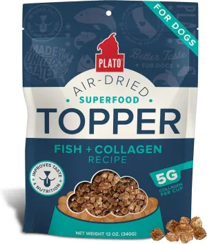 PLATO Pet Treats Dog Food Toppers - Air-Dried Dog Food Toppers for Dry Food - with Collagen to Support Skin and Coat Health - Fish and Collagen Recipe 12oz