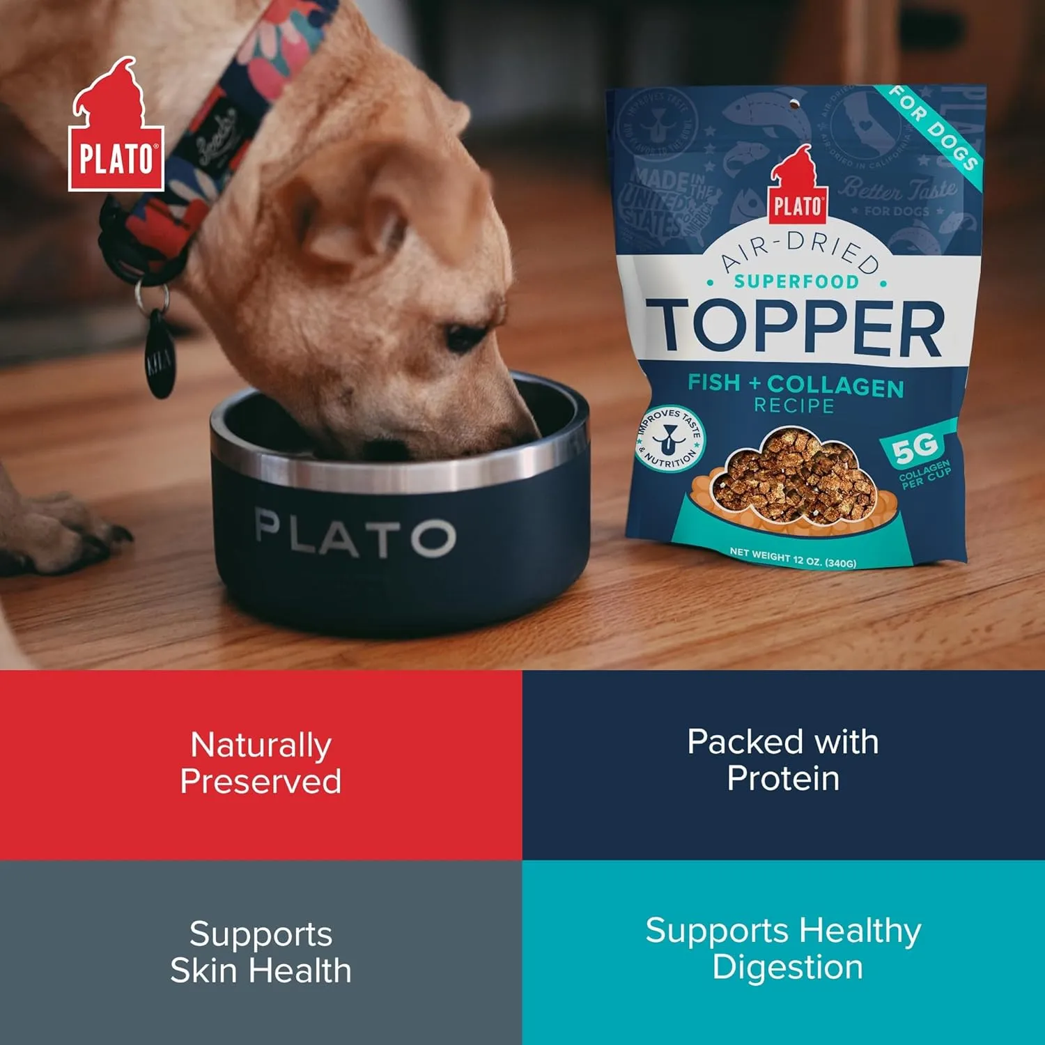PLATO Pet Treats Dog Food Toppers - Air-Dried Dog Food Toppers for Dry Food - with Collagen to Support Skin and Coat Health - Fish and Collagen Recipe 12oz