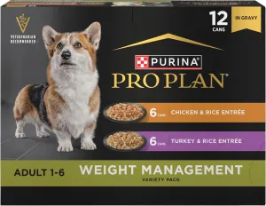 Purina Pro Plan Specialized Weight Management Wet Dog Food Chicken and Rice Entree and Turkey and Rice Entree in Gravy Variety Pack - (Pack of 12) 12 ct. Cartons