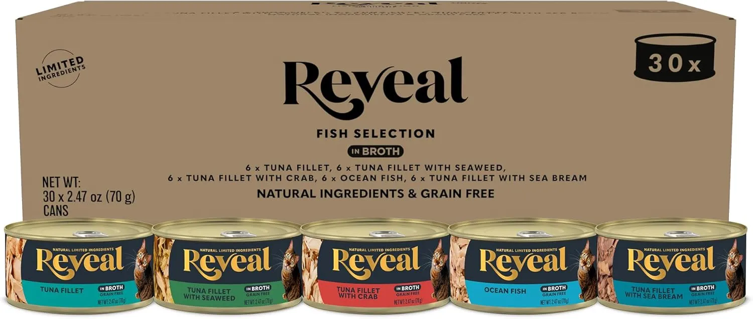 Reveal Natural Wet Cat Food, 30 Count, Grain Free, Limited Ingredient Canned Food for Cats, Fish Variety in Broth, 2.47 oz Cans