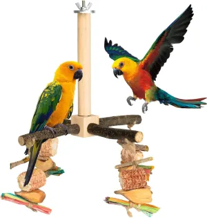 Rotating Parrot Perch Stand with Chew Toy - Natural Wooden Bird Cage Accessories, Bird Stand with Chew Toys and Exercise Wheels, Natural Wooden Perch Stand for Small and Medium Sized Birds