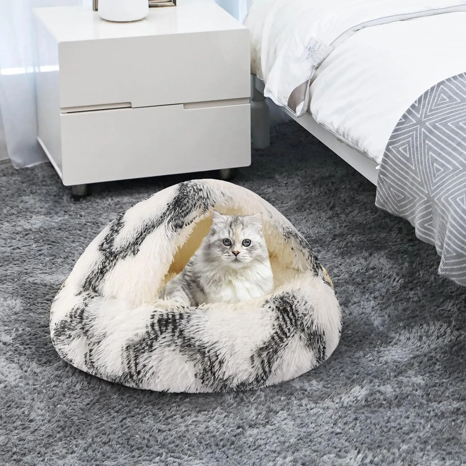Round Hooded Cat Bed & Dog Bed with Cover Cave, Dog Bed for Small Dogs, Faux Fur Cuddler Round Coved Cat Bed Self Warming Donut Dog Bed (Grey White, 20inch x 20inch)