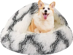 Round Hooded Cat Bed & Dog Bed with Cover Cave, Dog Bed for Small Dogs, Faux Fur Cuddler Round Coved Cat Bed Self Warming Donut Dog Bed (Grey White, 20inch x 20inch)