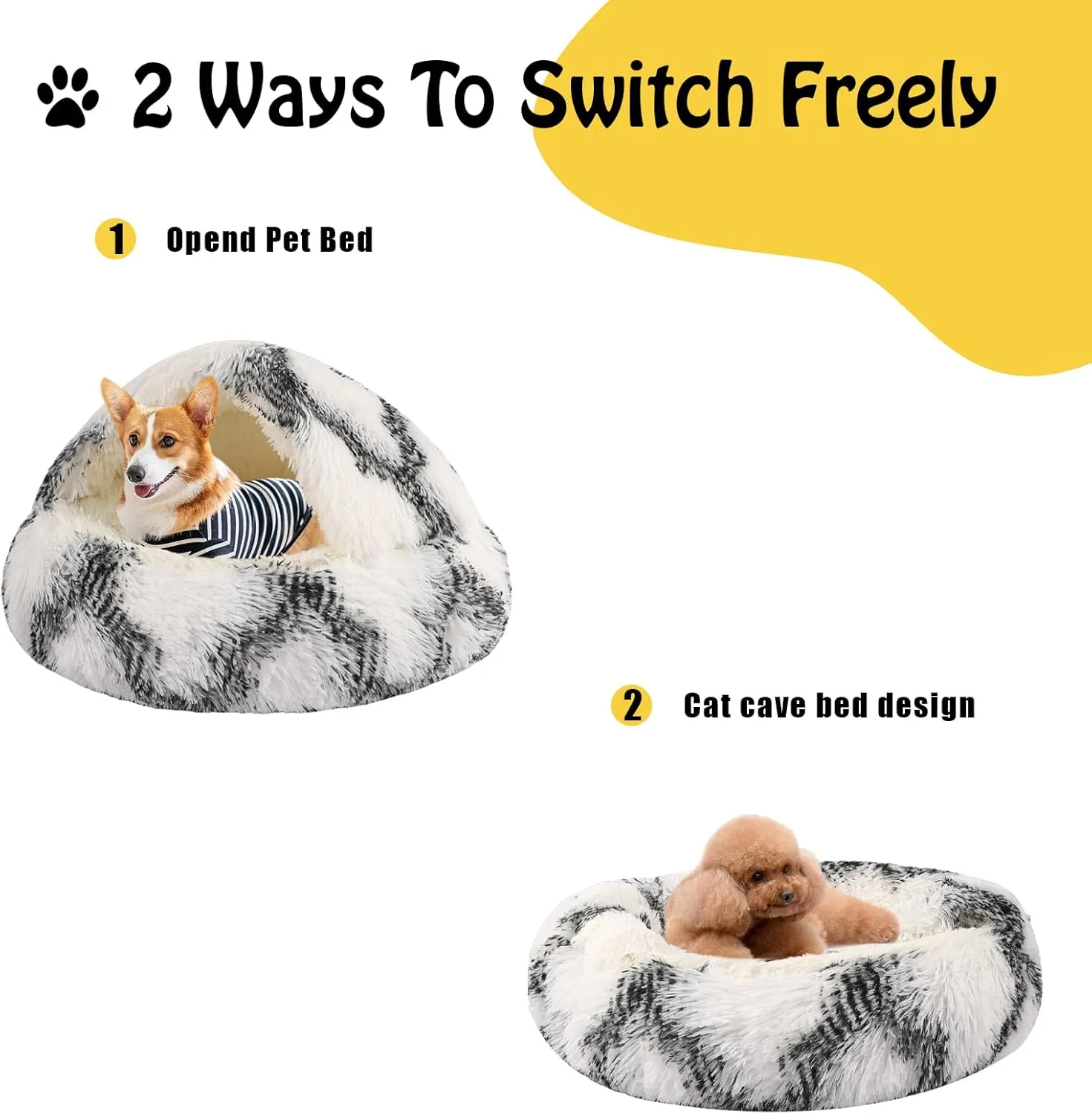 Round Hooded Cat Bed & Dog Bed with Cover Cave, Dog Bed for Small Dogs, Faux Fur Cuddler Round Coved Cat Bed Self Warming Donut Dog Bed (Grey White, 20inch x 20inch)