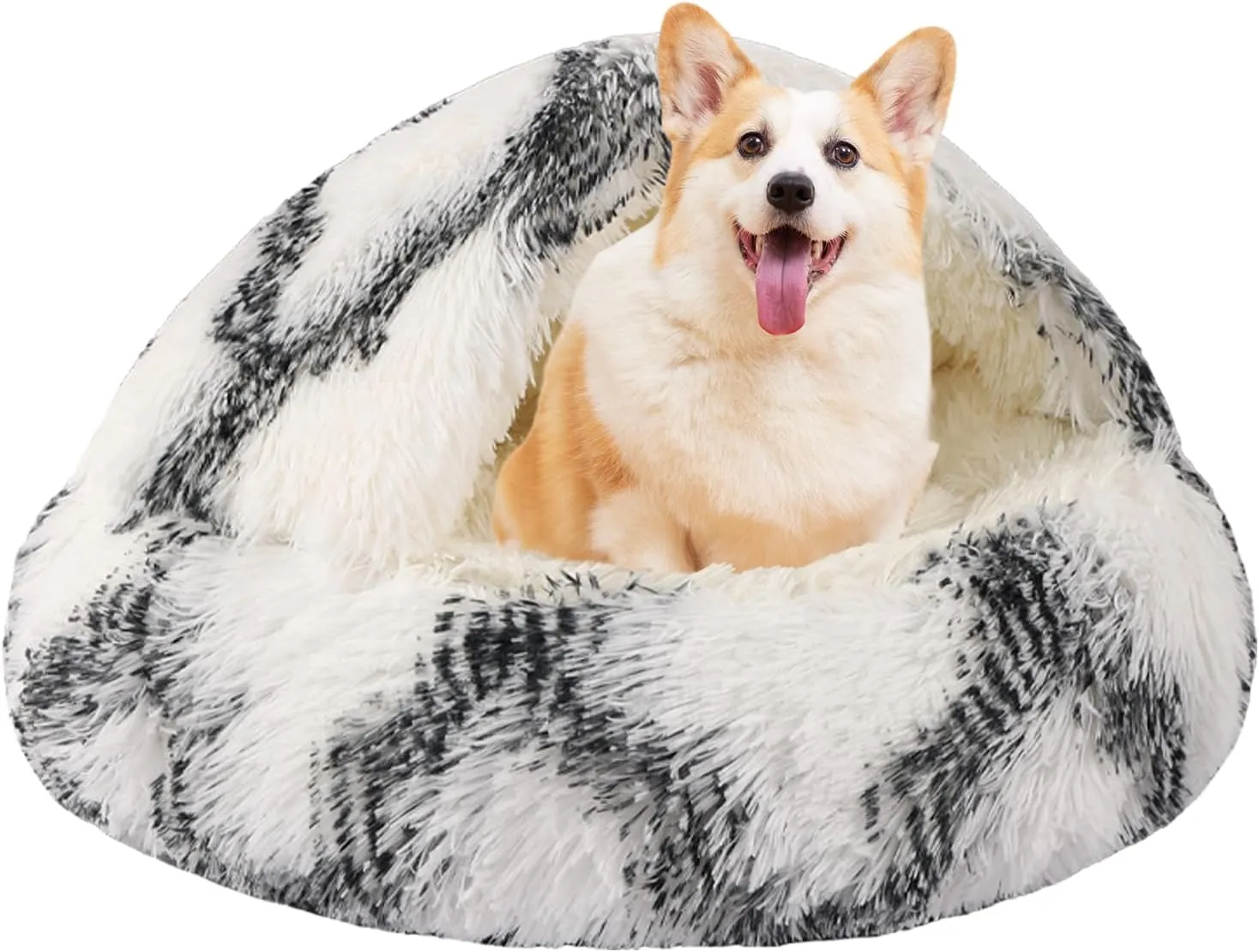 Round Hooded Cat Bed & Dog Bed with Cover Cave, Dog Bed for Small Dogs, Faux Fur Cuddler Round Coved Cat Bed Self Warming Donut Dog Bed (Grey White, 20inch x 20inch)