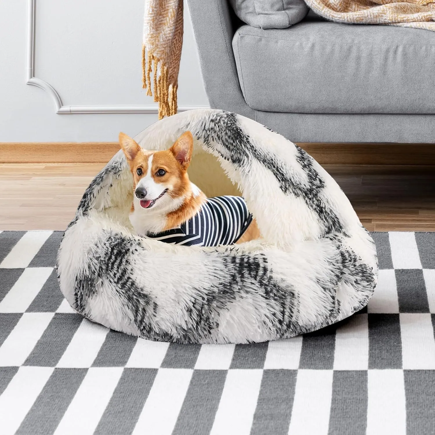 Round Hooded Cat Bed & Dog Bed with Cover Cave, Dog Bed for Small Dogs, Faux Fur Cuddler Round Coved Cat Bed Self Warming Donut Dog Bed (Grey White, 20inch x 20inch)