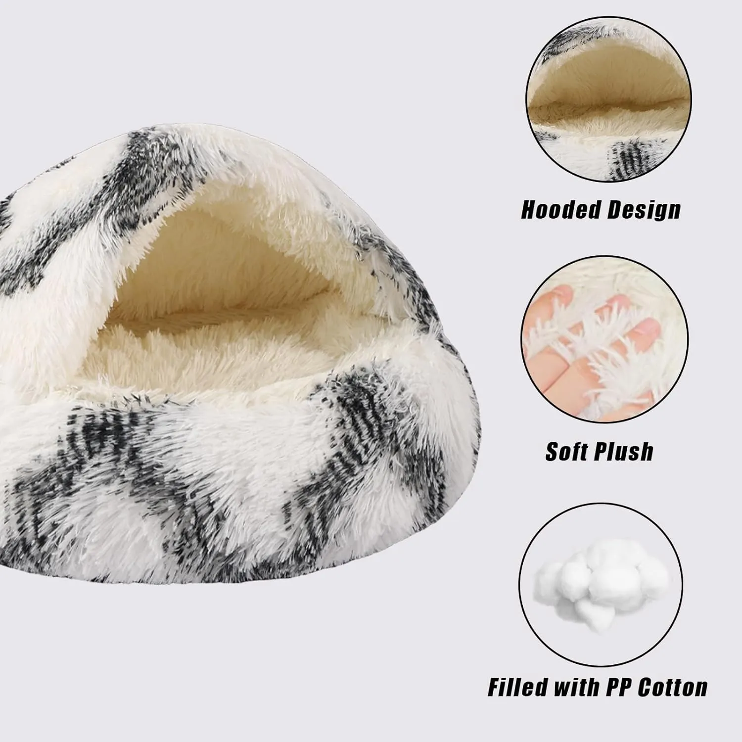 Round Hooded Cat Bed & Dog Bed with Cover Cave, Dog Bed for Small Dogs, Faux Fur Cuddler Round Coved Cat Bed Self Warming Donut Dog Bed (Grey White, 20inch x 20inch)