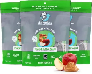 Shameless Pets Soft-Baked Peanut Butter Apeel Dog Treats for Skin & Coat Support with Omega 3 & 6 - USA Baked, Grain, Corn & Soy Free 3-Pack