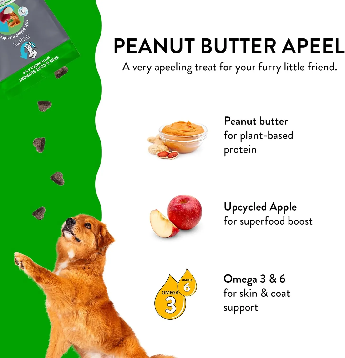 Shameless Pets Soft-Baked Peanut Butter Apeel Dog Treats for Skin & Coat Support with Omega 3 & 6 - USA Baked, Grain, Corn & Soy Free 3-Pack