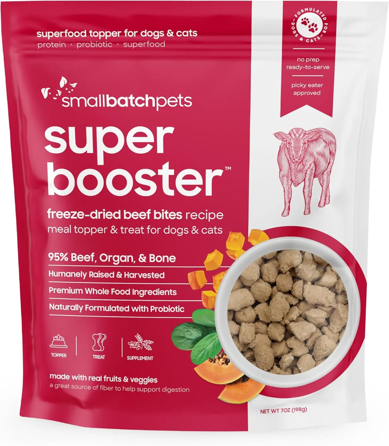 smallbatch Pets Freeze-Dried Super Booster Beef Bites for Dogs & Cats, 7 oz, Made in The USA, Organic Produce, Humanely Sourced Meat, Single Source Protein, Mixer & Topper, with Papaya and Probiotics