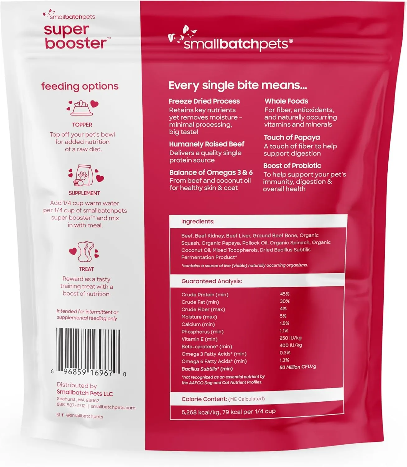 smallbatch Pets Freeze-Dried Super Booster Beef Bites for Dogs & Cats, 7 oz, Made in The USA, Organic Produce, Humanely Sourced Meat, Single Source Protein, Mixer & Topper, with Papaya and Probiotics