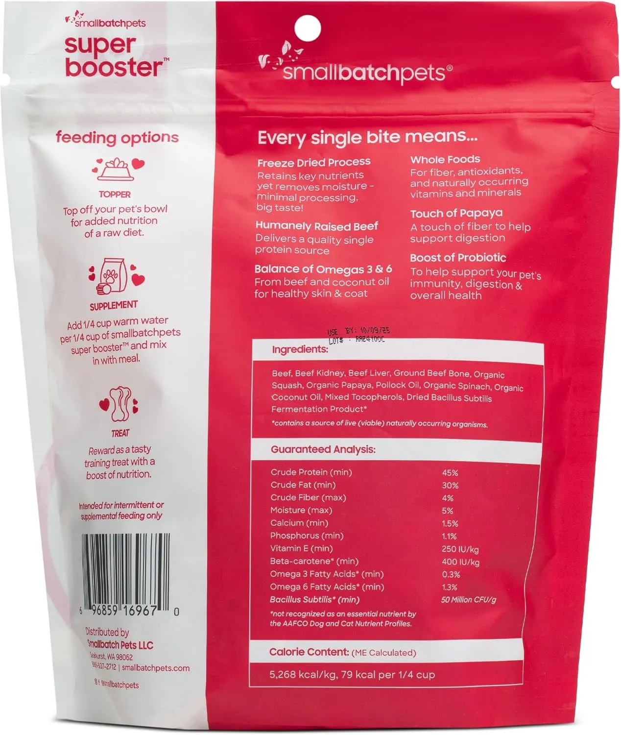 smallbatch Pets Freeze-Dried Super Booster Beef Bites for Dogs & Cats, 7 oz, Made in The USA, Organic Produce, Humanely Sourced Meat, Single Source Protein, Mixer & Topper, with Papaya and Probiotics