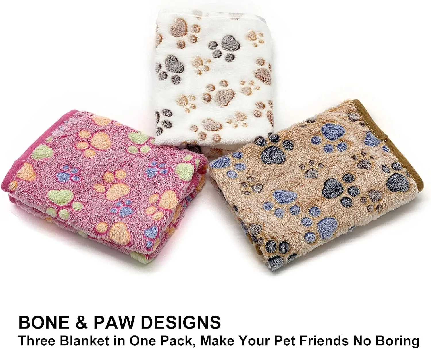 SORKUT 1 Pack 3 Puppy Dog Blankets Super Soft Warm Sleep Mat Fluffy Premium Fleece Pet Blanket Flannel Throw for Dog Puppy Cat - Paw Print Beige/Pink/Brown Small(23"x15")