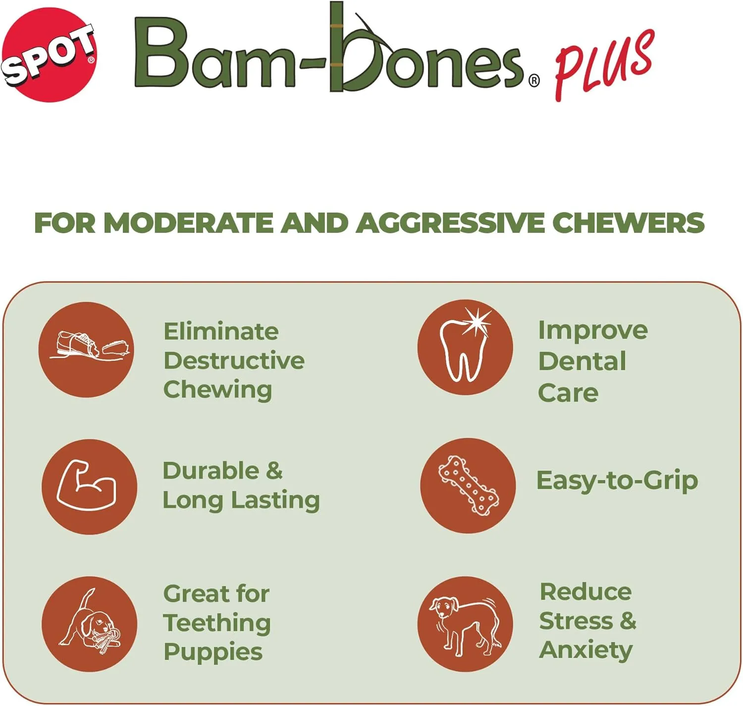 SPOT Bam-Bones Plus T-Bone, Bamboo Fiber & Nylon Dog Chew, Durable for Aggressive Chewers, Non-Splintering, for Adult Dogs & Teething Puppies Under 60lbs, 6in, Chicken Flavor