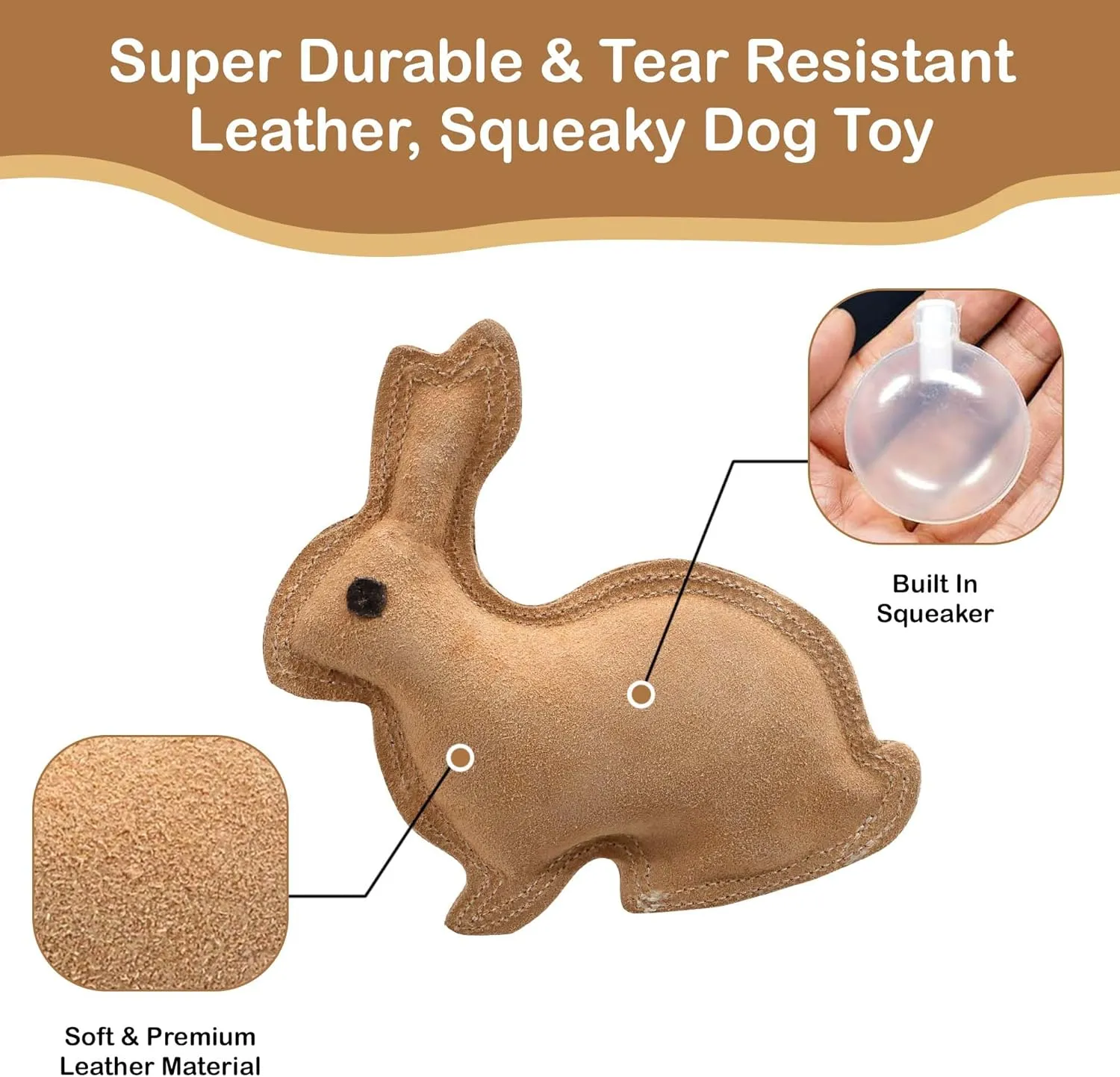 SPOT Dura-Fused Leather Rabbit Dog Toy  Real Leather & Jute, Double-Stitched, Durable Squeaky Chew Toy for Moderate Chewers, Small & Medium Dogs, 7.5in