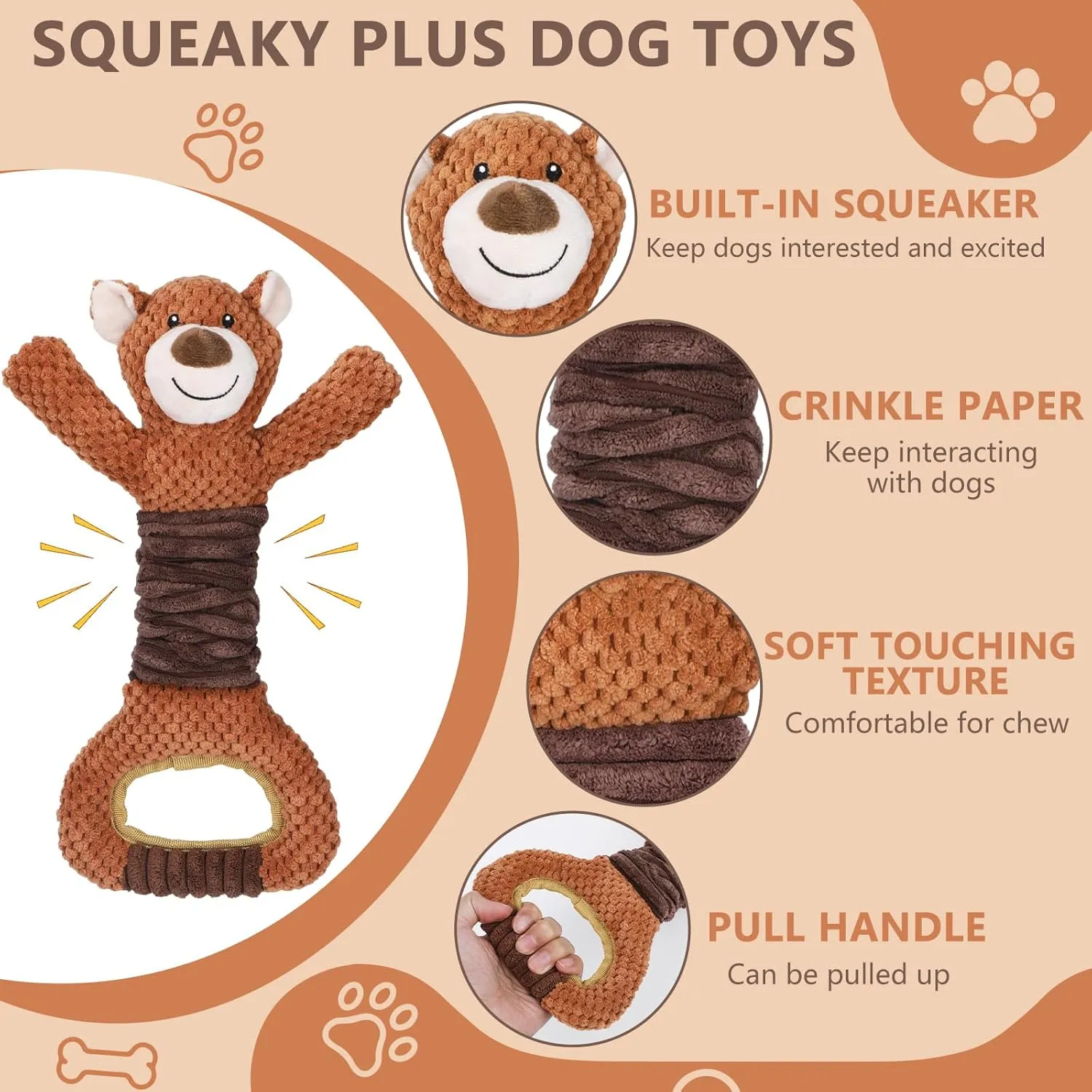 Squeaky Dog Toys - Plush Tug of War with Crinkle Paper, Interactive Pull Toy for Puppies to Large Dogs