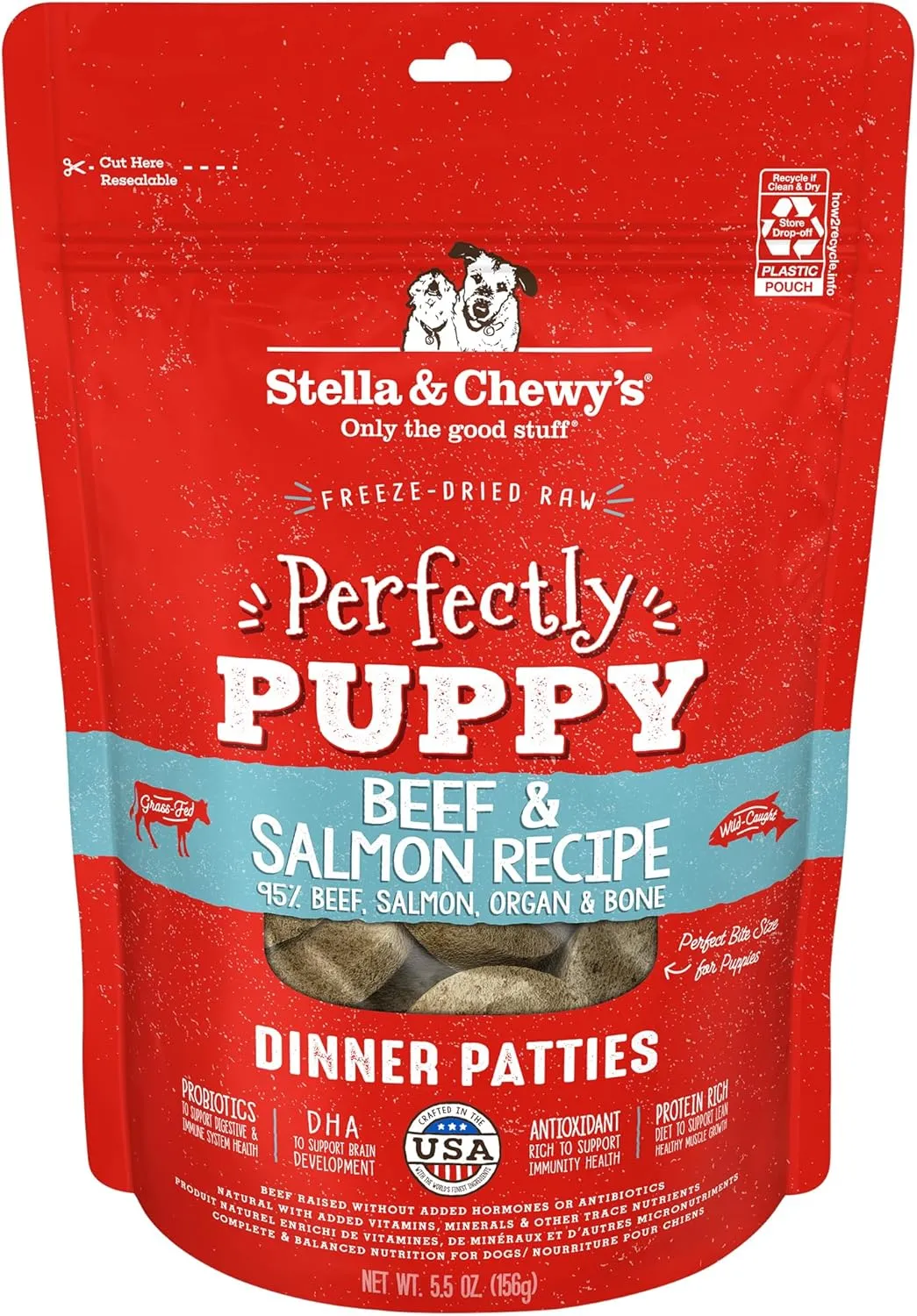 Stella & Chewy's Freeze Dried Raw Dinner Patties  Crafted for Puppies  Grain Free, Protein Rich Perfectly Puppy Beef & Salmon Recipe  5.5 oz Bag, Pack of 1