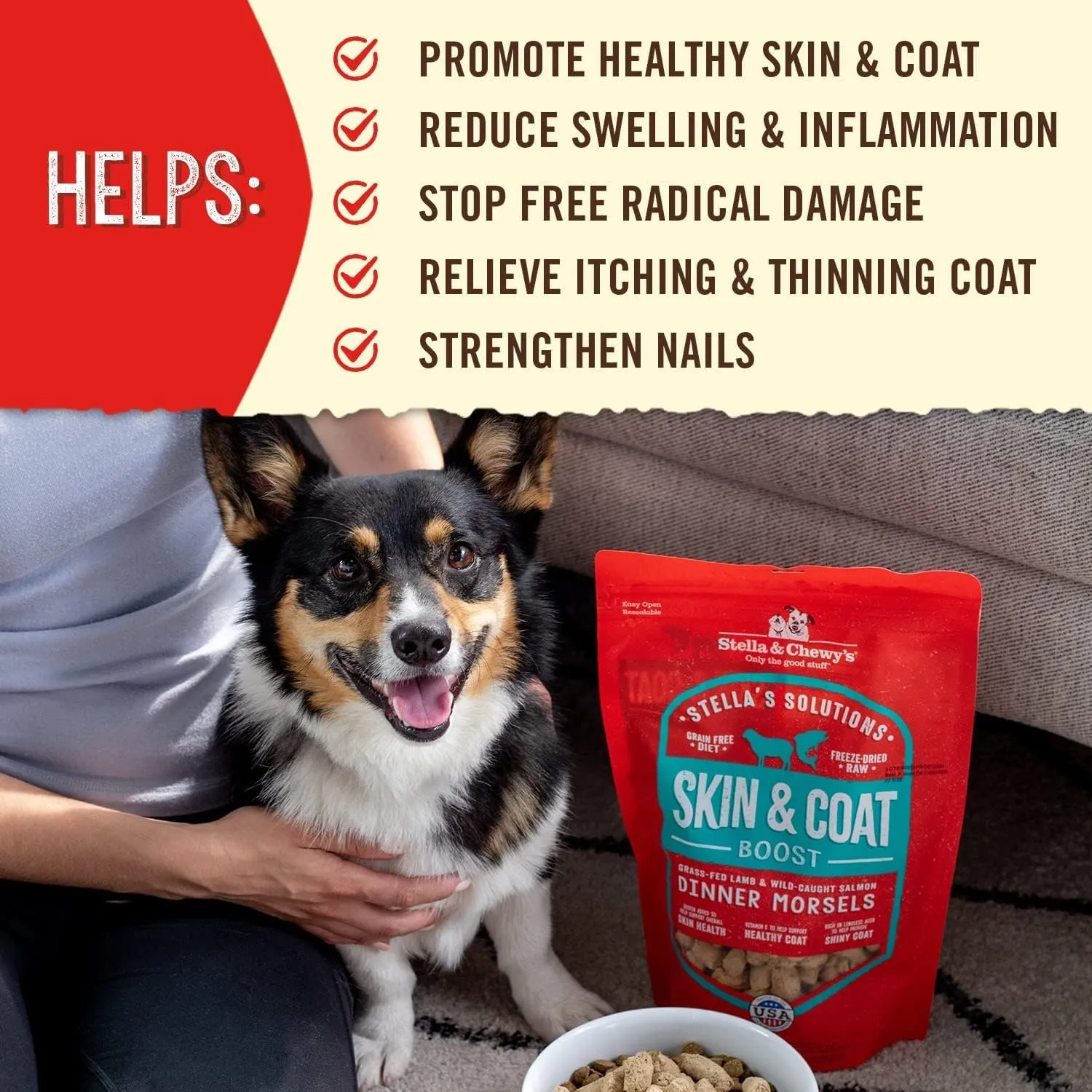 Stella & Chewy's  Stellas Solutions Skin & Coat Boost  Grass-Fed Lamb & Wild-Caught Salmon Dinner Morsels  Freeze-Dried Raw, Protein Rich, Grain Free Dog Food  4.25 oz Bag