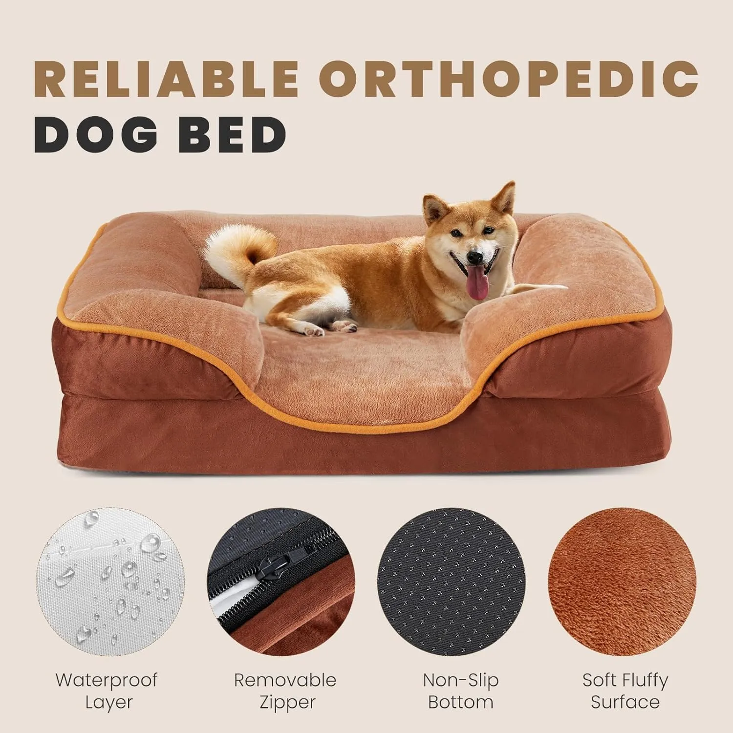 Sweetcrispy Orthopedic Dog Bed, Memory Foam Puppy Sleeping Sofa for Large Pets with Washable Removable Cover Non-Slip Base Waterproof Liner Egg Crate for Improved Sleep, Brown, 35"L x 25"W x 6.5"Th