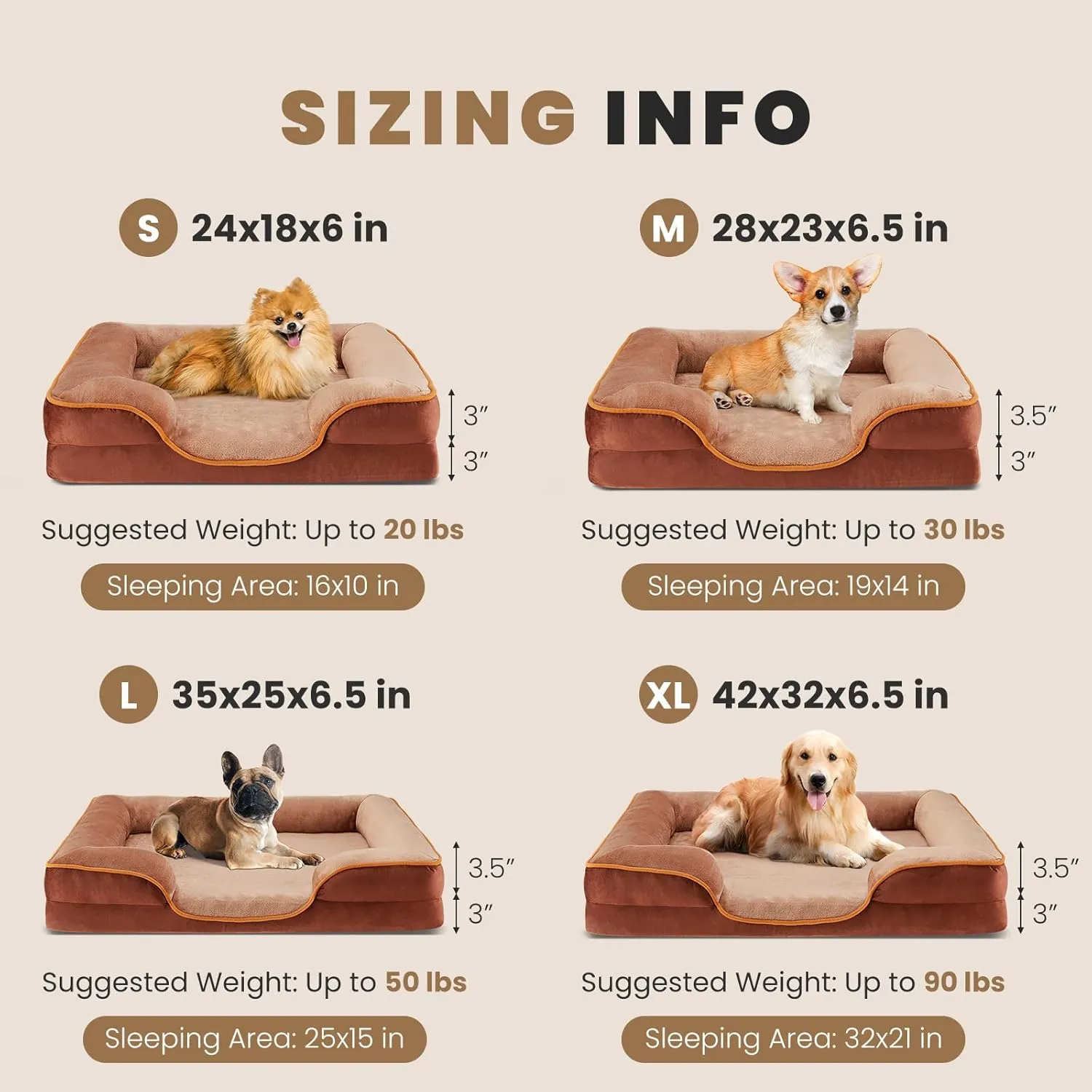 Sweetcrispy Orthopedic Dog Bed, Memory Foam Puppy Sleeping Sofa for Large Pets with Washable Removable Cover Non-Slip Base Waterproof Liner Egg Crate for Improved Sleep, Brown, 35"L x 25"W x 6.5"Th
