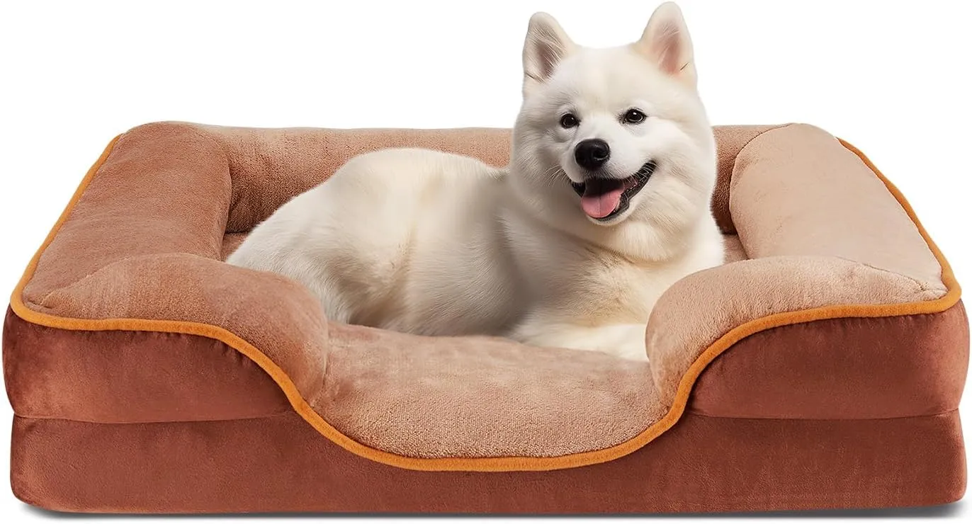 Sweetcrispy Orthopedic Dog Bed, Memory Foam Puppy Sleeping Sofa for Medium Pets with Washable Removable Cover Non-Slip Base Waterproof Liner Egg Crate for Improved Sleep, Brown, 28"L x 23"W x 6.5"Th