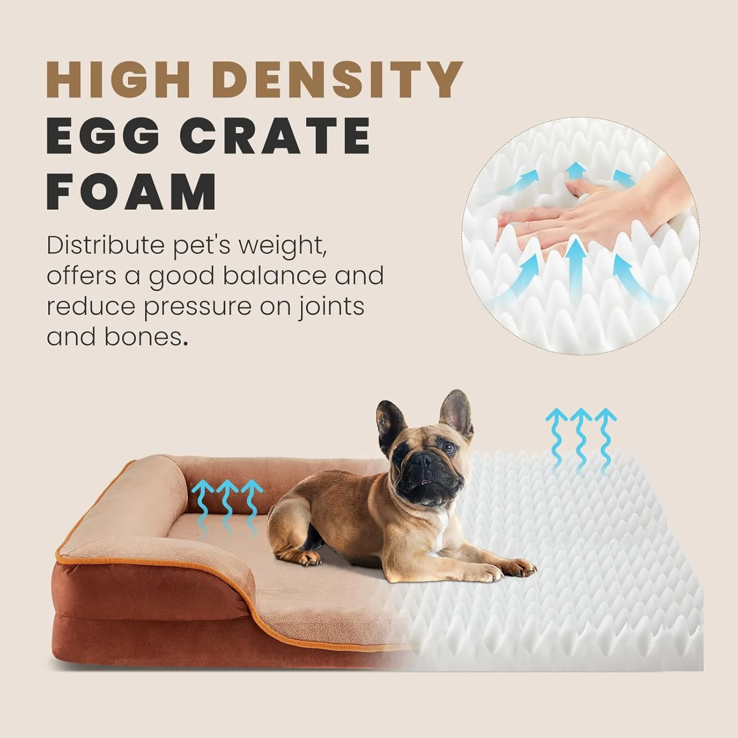 Sweetcrispy Orthopedic Dog Bed, Memory Foam Puppy Sleeping Sofa for Medium Pets with Washable Removable Cover Non-Slip Base Waterproof Liner Egg Crate for Improved Sleep, Brown, 28"L x 23"W x 6.5"Th