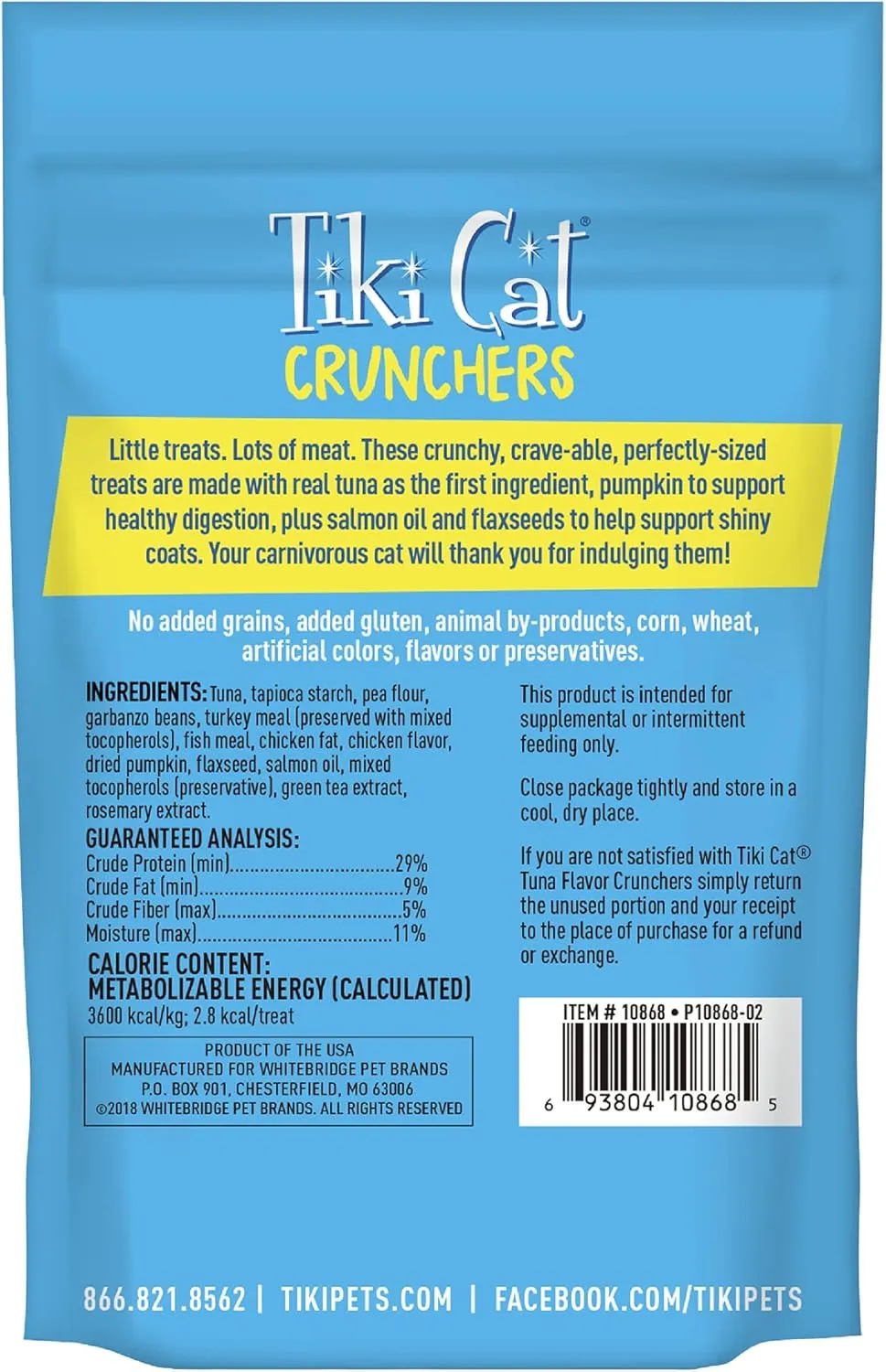 Tiki Cat Crunchers Dry Cat Treats, Tuna Flavor, Low-Calorie Grain-Free Crunchy Snack, For Adult Cats, 2 oz. Pouch (6 Count)