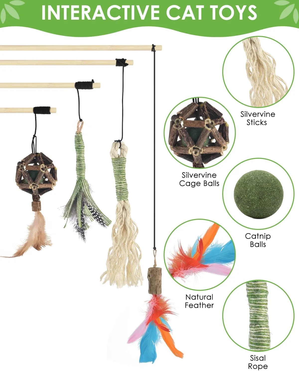 TINDTOP Interactive Cat Toys, 4 Pack Cat Wand Toys with Sisal Chew Sticks, Natural Feather and Silvervine Sticks Catnip Ball, for Indoor Cats to Chase and Exercise